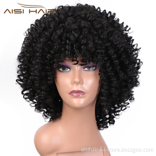 Aisi Hair Top Quality Short Afro Kinky Curly Black Bob Wigs With Bangs Deep Afro Curly Wave Wig Synthetic Wigs For Black Women